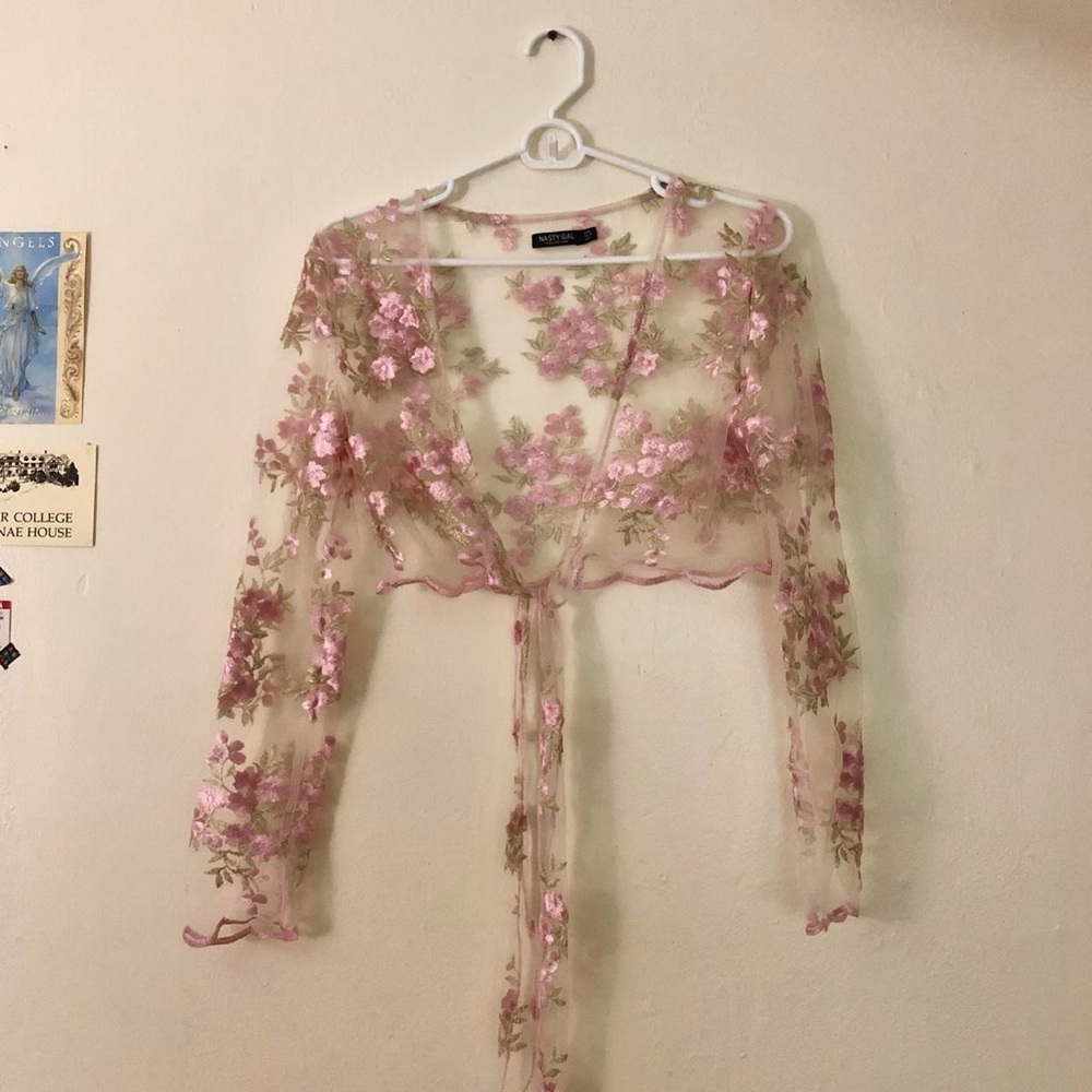 Nasty Gal Sheer Pink + Green Embroidered Flowers Tie Front Long Sleeve Cardigan